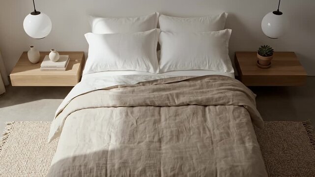 A bedroom scene featuring a neatly made bed with white pillows, a beige duvet, and wooden bedside tables
