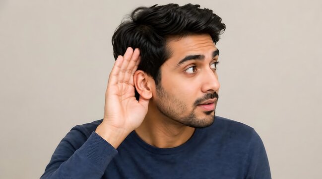 Young Indian man listening with hand to ear and curious expression looking sideways on neutral background.