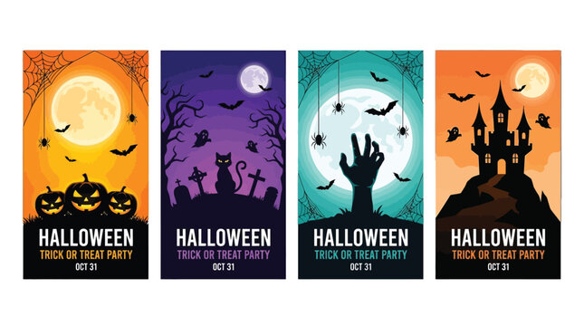 Four vibrant halloween vector illustration cards featuring spooky pumpkins ghosts haunted castles and creepy zombie hands