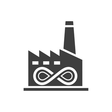 Industrial factory building icon featuring infinity loop symbol.