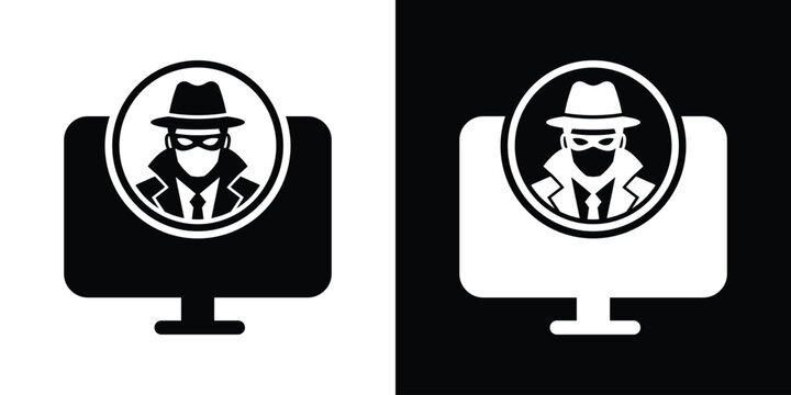 computer security breach concept vector. Hacker or spy icon overlaying a laptop screen in black and white styles.