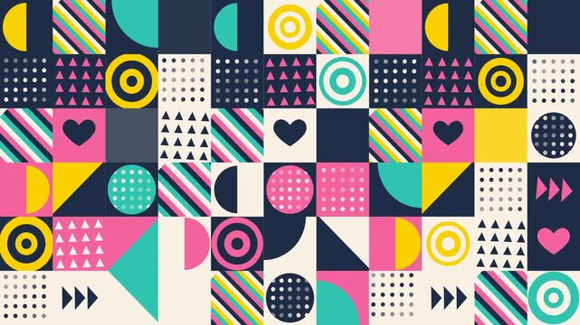 Colorful Geometric Memphis Style Seamless Pattern with Abstract Shapes and Icons