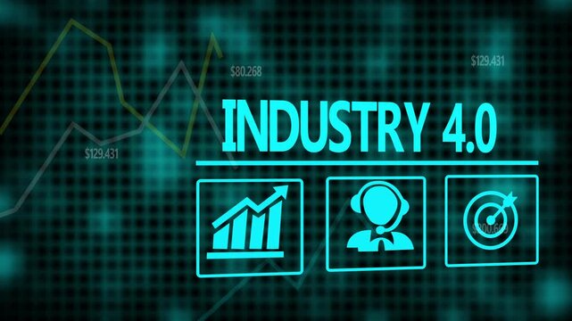 A Industry 4.0 business concept on a flashing computer monitor with moving graphs and data.