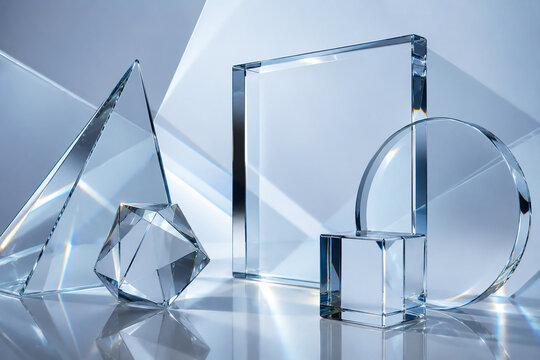 Crystal Glass Geometric Shapes Abstract Background with Soft Reflections