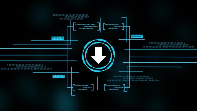 Digital download hud interface with scrolling data and loading animation