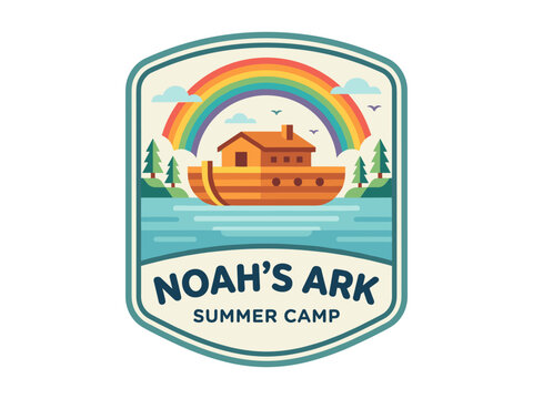 Flat vector logo of noah ark floating on calm water with rainbow above, christian summer camp emblem