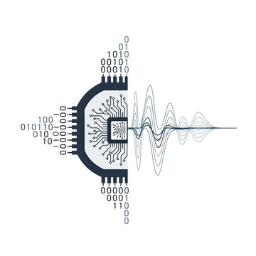 Microchip component with binary digits and multiple sound waves.