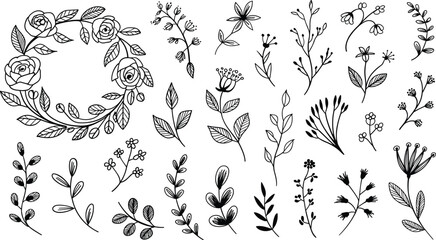 Hand drawn botanical line art vector set with elegant floral wreath branches leaves and decorative wildflowers © Yesrath Hasan Sobuj