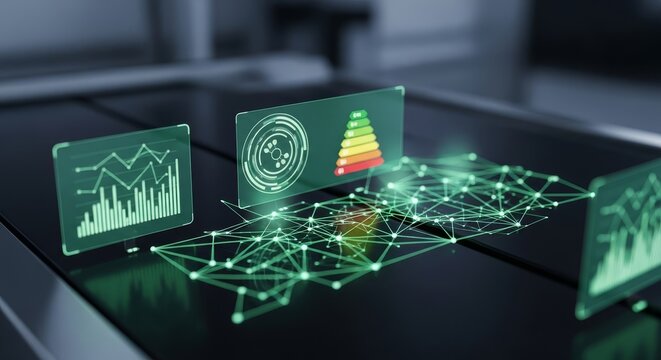 Futuristic Digital Network Displaying Analytics Charts and Energy Efficiency Bar Graph for Business Insights