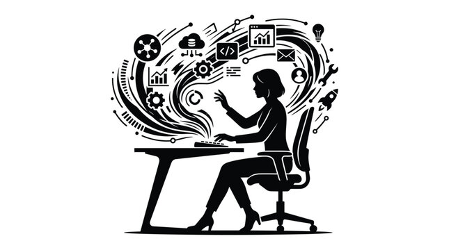 Woman coding and developing new technology concepts.