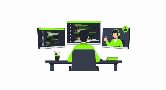 Software Developer Working Remotely with Triple Monitor Setup and Video Call Collaboration Illustration