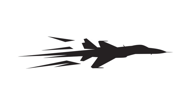 Silhouette of a high speed jet fighter plane in motion.