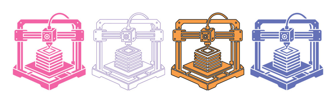 Set of 4 Colorful 3D Printer Icons Vector