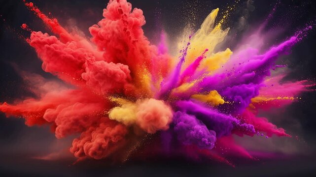 Vibrant colorful powder explosion slow motion with red and yellow paint bursts blending beautifully
