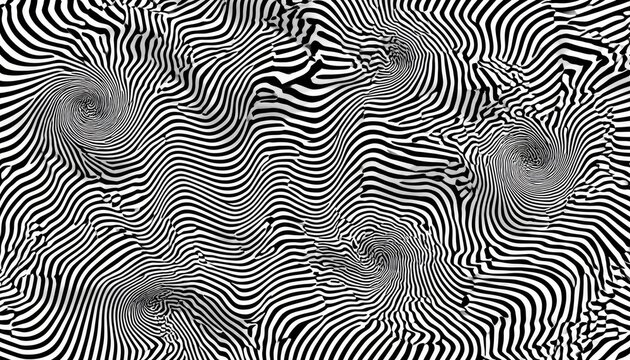 Abstract black and white swirling vortex patterns create visual illusion