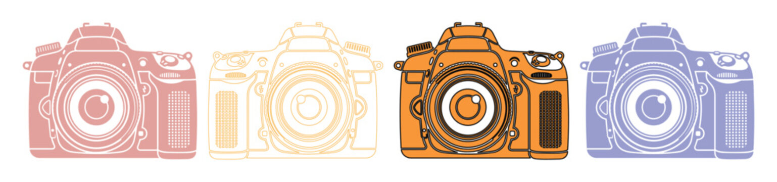 Set of 4 Digital SLR Camera Icons in Orange, Blue, and Faded Tones Vector Illustration
