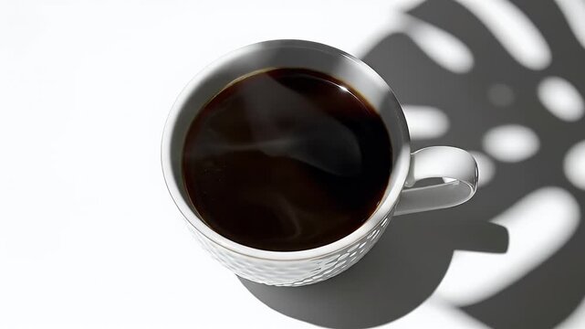 A white textured mug filled with dark coffee, casting a shadow
