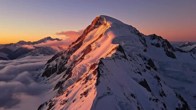 Snow-capped mountain peak bathed in warm sunset light, with clouds below