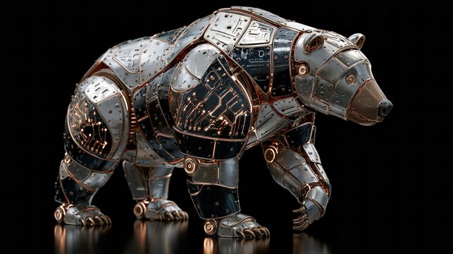 Steampunk robotic bear animal designed with metallic plating and intricate circuitry details