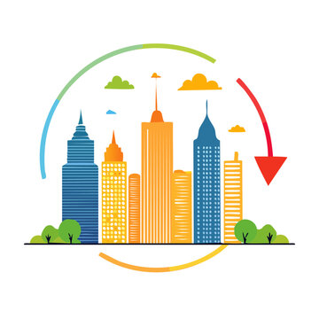 Flat design city skyline with growth and decline arrows