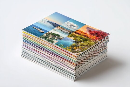 A stack of vibrant postcards showcasing diverse scenic views, arranged on a white background