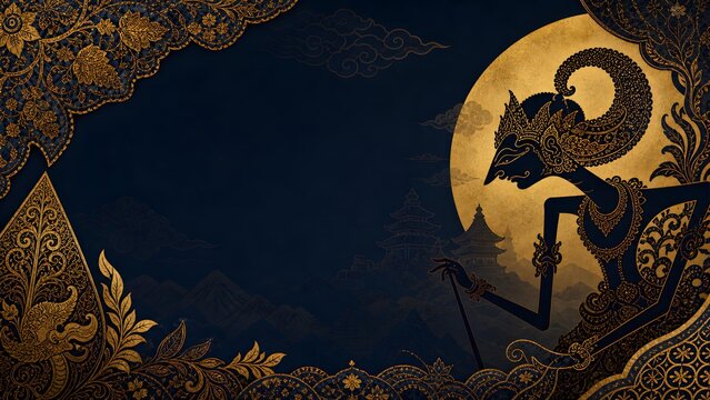 Wayang Kulit Golden Moon Silhouette Luxury Dark Batik Ornament Background Banner