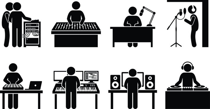 Audio engineers music producers and DJs working in recording studio with sound mixing console and musical equipment