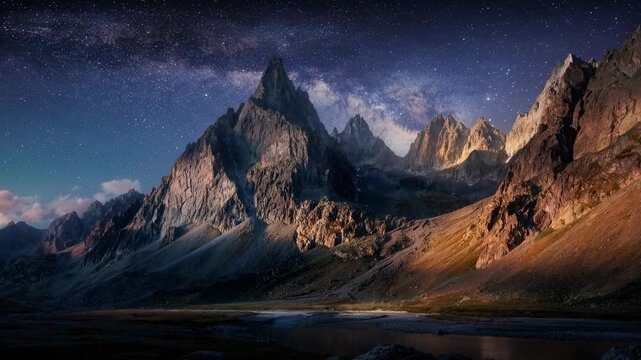 Serene mountain range under a starry night sky with the Milky Way arching above nature landscape