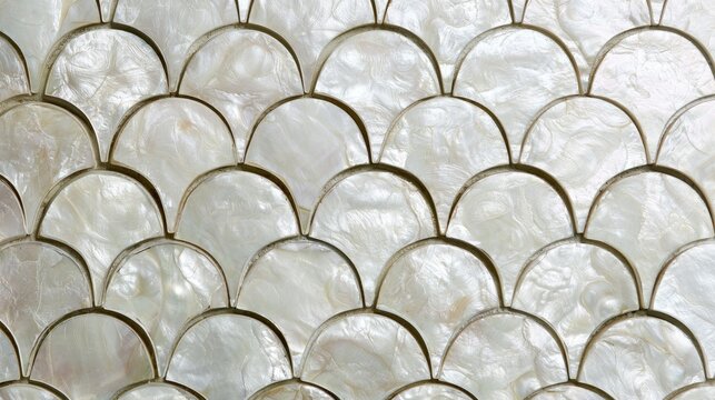 Iridescent shell tiles arranged in a fish-scale mosaic pattern