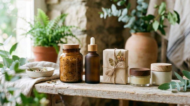 Productos naturales para el cuidado de la piel y remedios herbales sobre una mesa de madera.
