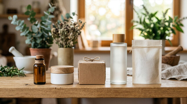 Productos naturales para el cuidado de la piel y hierbas sobre una mesa de madera.