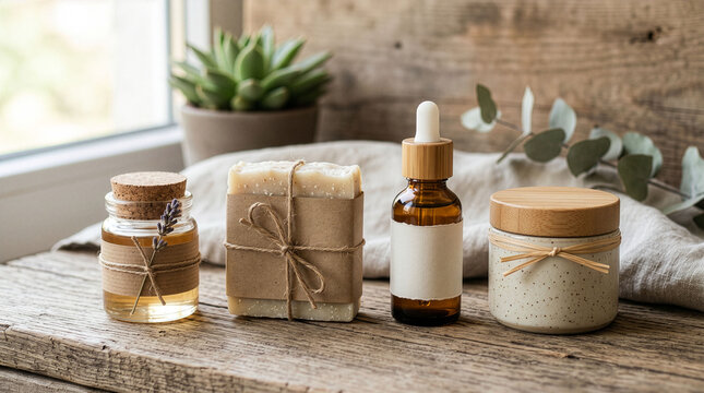 Productos naturales para el cuidado de la piel sobre una superficie de madera.