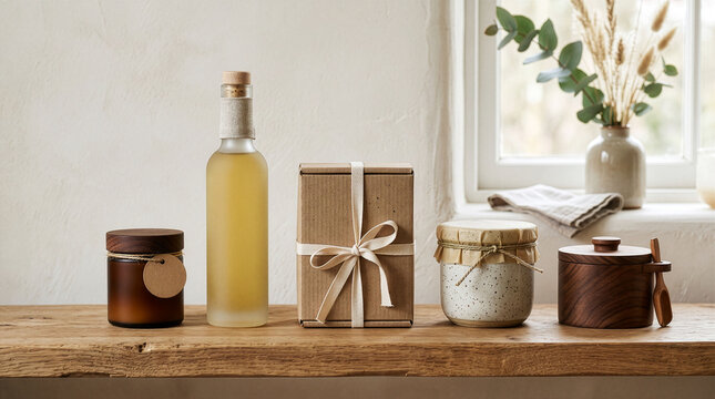 Productos e ingredientes naturales para el cuidado de la piel en un estante de madera.