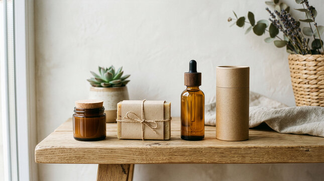 Productos naturales para el cuidado de la piel sobre una mesa de madera