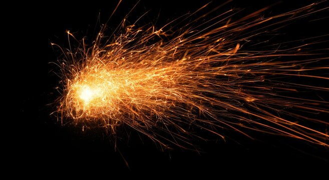 Bright sparks trail from a fiery, glowing explosion against black