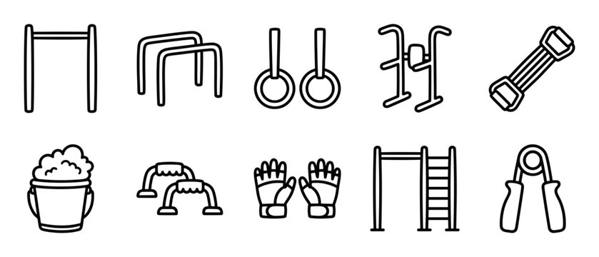 Set of black line art icons for street workout and calisthenics equipment, including parallel bars, gymnastic rings, a hand gripper, and gloves in a minimal vector style