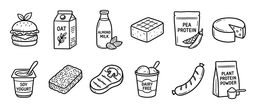 Set of hand-drawn plant-based food icons showing vegan alternatives like oat milk, tofu, and soy yogurt in a simple black and white doodle style illustration