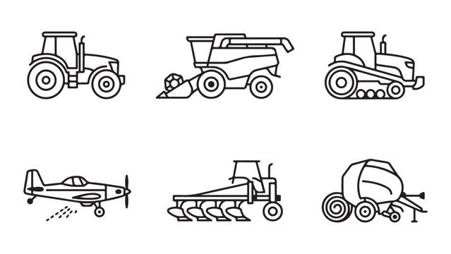 Heavy Agricultural Machinery Line Icon Set with Tractor Combine and Crop Duster
