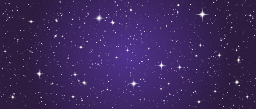Purple starry night sky background vector. Realistic deep cosmic galaxy nebula texture illustration. Lilac violet magic starlight twinkle glitter dust effect.