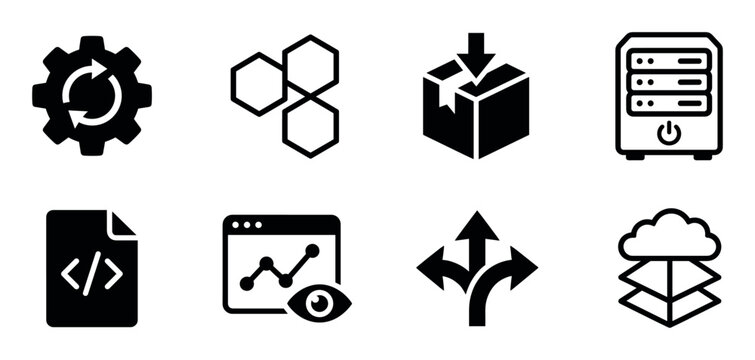 Set of eight black technology icons for software development, including symbols for automation, server hosting, coding, analytics, branching, and cloud computing in a minimal glyph style