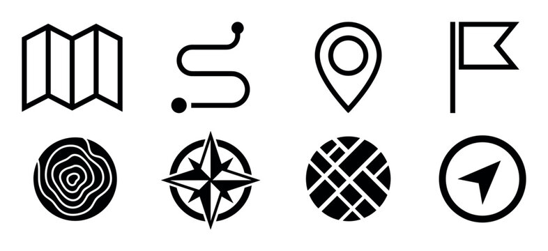 Set of black navigation icons for maps and location, including a compass, pin, route, and flag, presented in a clean, minimalist graphic style for user interface design