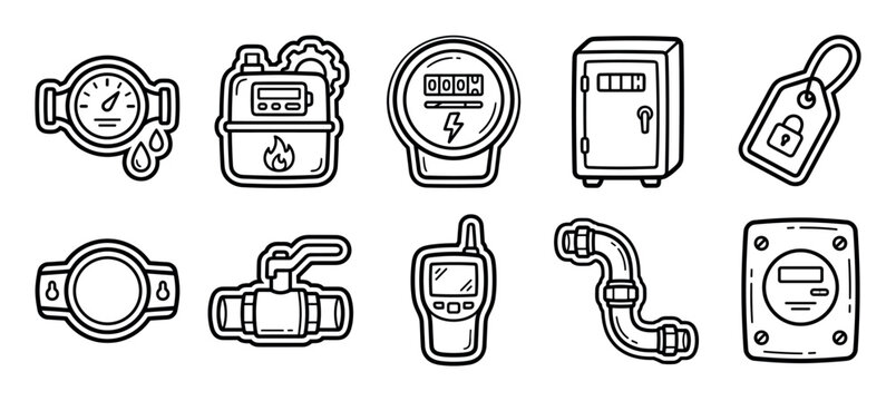 Ten hand-drawn utility meter and plumbing icons in a black and white doodle style, featuring gas, water, and electric meters, pipes, valves, and a security tag illustration
