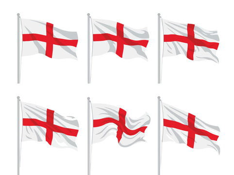 Set of six England flags with red crosses on white fabric, waving in different directions against a plain background