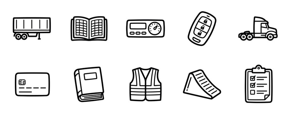Ten hand-drawn trucking and logistics icons featuring a semi-trailer, tachograph, key fob, safety vest, wheel chock, and checklist, rendered in a clean black and white line art style