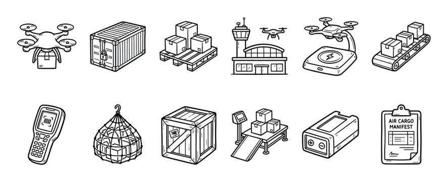 Hand-drawn set of air cargo logistics icons featuring a delivery drone, shipping container, pallet, airport, and scanner in a black and white doodle illustration style