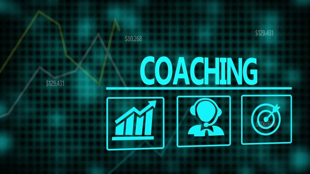 Coaching business concept on a flashing computer monitor with moving graphs and data.