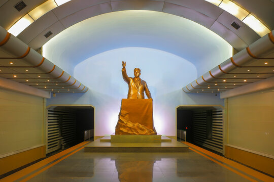 Statue of Great Leader Kim Il Sung in Kaeson subway station of Pyongyang, North Korea. Interior view.