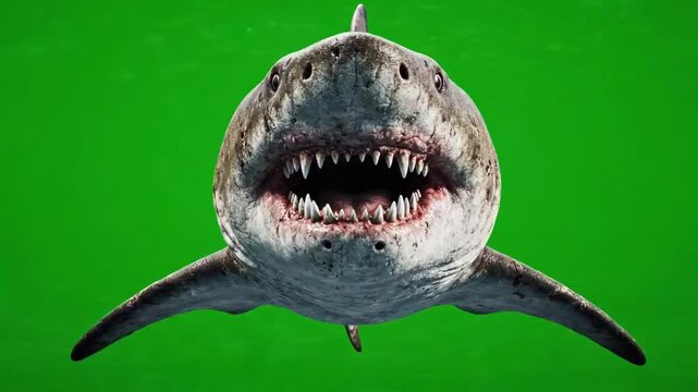 Giant megalodon shark green screen attack showing sharp teeth and menacing jaws in a prehistoric ocean scene