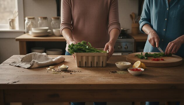 Group of friends preparing fresh broccolini in cozy kitchen