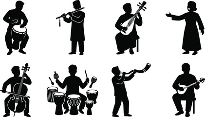 Traditional musicians and singers performing with folk instruments including drums flute cello and stringed instruments © MstShefaly